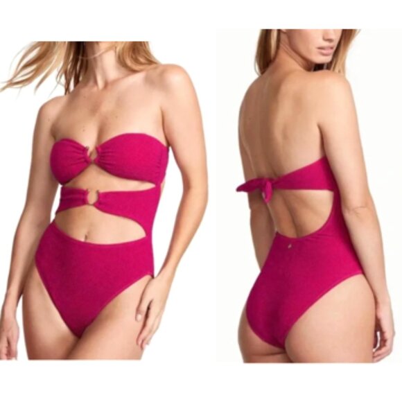 NWT- Victoria’s Secret Cutout One-Piece Bandeau Pink Shimmer Swimsuit Size XL - Picture 1 of 11